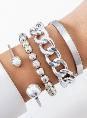 欧美跨境赛博朋克风仿珍珠圆珠叠戴手链套装夸张个性金属弯管手镯