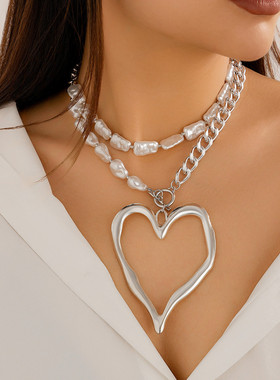 欧美风甜酷夸张大爱心项链necklace金属链条双层巴洛克仿珍珠项饰