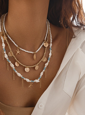 欧美跨境度假风海星贝壳流苏项链