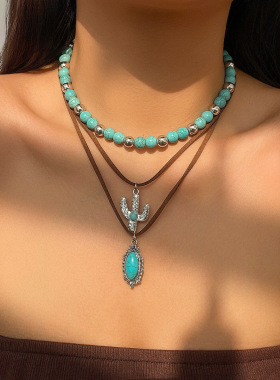 欧美跨境饰品复古仿松石牛头锁骨