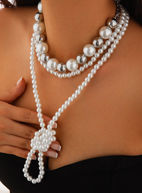 欧美跨境复古仿珍珠串珠多层项链