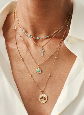 欧美跨境民族风仿松石花盘吊坠项