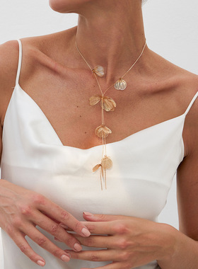 欧美跨境小众设计感银杏叶子长款项链 甜酷ins金属Y字链条项饰女