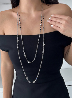 欧美跨境气质仿珍珠叠戴长项链女  复古民族风ins星形流苏毛衣链