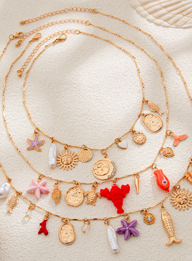 欧美跨境海洋风海星贝壳叠戴项链女 沙滩度假ins龙虾吊牌珍珠项饰