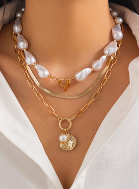 欧美跨境ins风巴洛克异形珍珠锁骨链 复古金属圆片吊坠蛇骨链项链