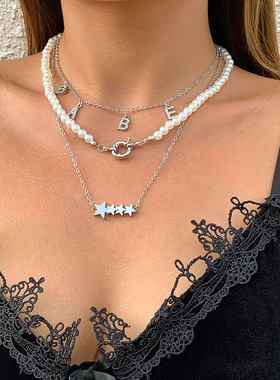 欧美跨境饰品复古混搭仿珍珠链条