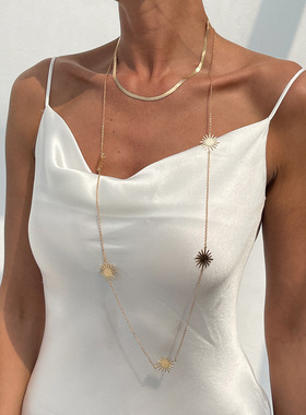 欧美跨境嘻哈朋克风太阳花蛇骨链条项链 个性甜酷叠戴长款锁骨链