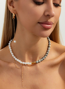 欧美跨境个性仿珍珠串珠拼接项链