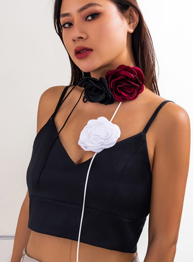 欧美跨境花朵绑带立体玫瑰项圈ch