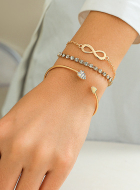 欧美跨境复古爱心形满钻链条8字手链 简约几何水钻微镶百搭手镯女