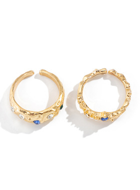 欧美跨境液态熔岩金属褶皱戒指套装 ins风不规则镶钻开口指环手饰