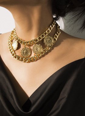 欧美跨境饰品复古几何粗链多层项