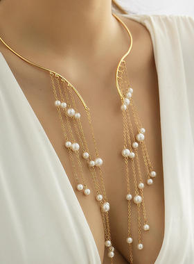 欧美跨境饰品 个性冷淡风仿珍珠吊坠项圈 流苏开口颈链项链配饰女