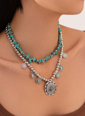 欧美跨境民族风金属花纹吊牌项链