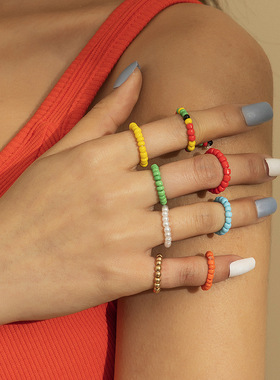 沙滩度假风彩色米珠戒指套装女欧