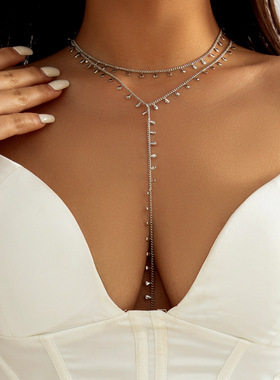 欧美跨境饰品 甜酷辣妹风多层几何长款颈链 个性百搭长流苏项链女