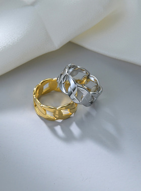 新款欧美流行8MM指环激光切割链条锁链造型朋克风格男士钛钢戒指