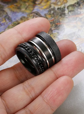 男士黑色链条转动指环减压钛钢不