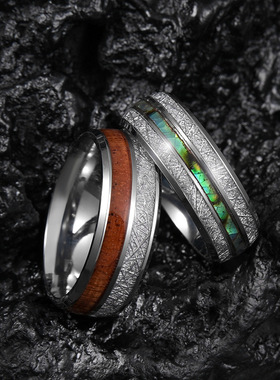 欧美8MM指环镶嵌相思木冰丝箔片鲍鱼贝男士钛钢不锈钢钛钢太钢