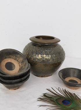 适用老物件酒坛粗陶插花坛子民俗怀旧酒碗老式复古摆件土陶罐影视