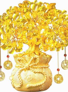 黄水晶发财树酒柜装饰品摆件家居客厅聚财风水摇钱树创意开业礼品