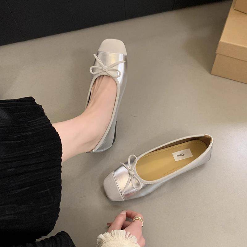 小香风蝴蝶结芭蕾舞银色平底单鞋女2024春季新款浅口一脚蹬奶奶鞋