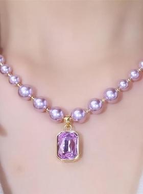 荣昇精选紫珍珠项链2025新款紫色方形吊坠女轻奢高级感水晶锁骨链