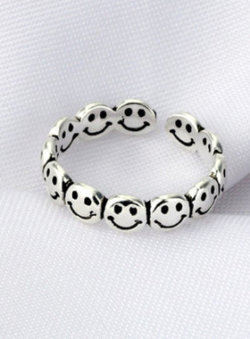 简约小巧泰银做旧笑脸戒指女款韩版个性ins嘻哈复古微笑开口指环