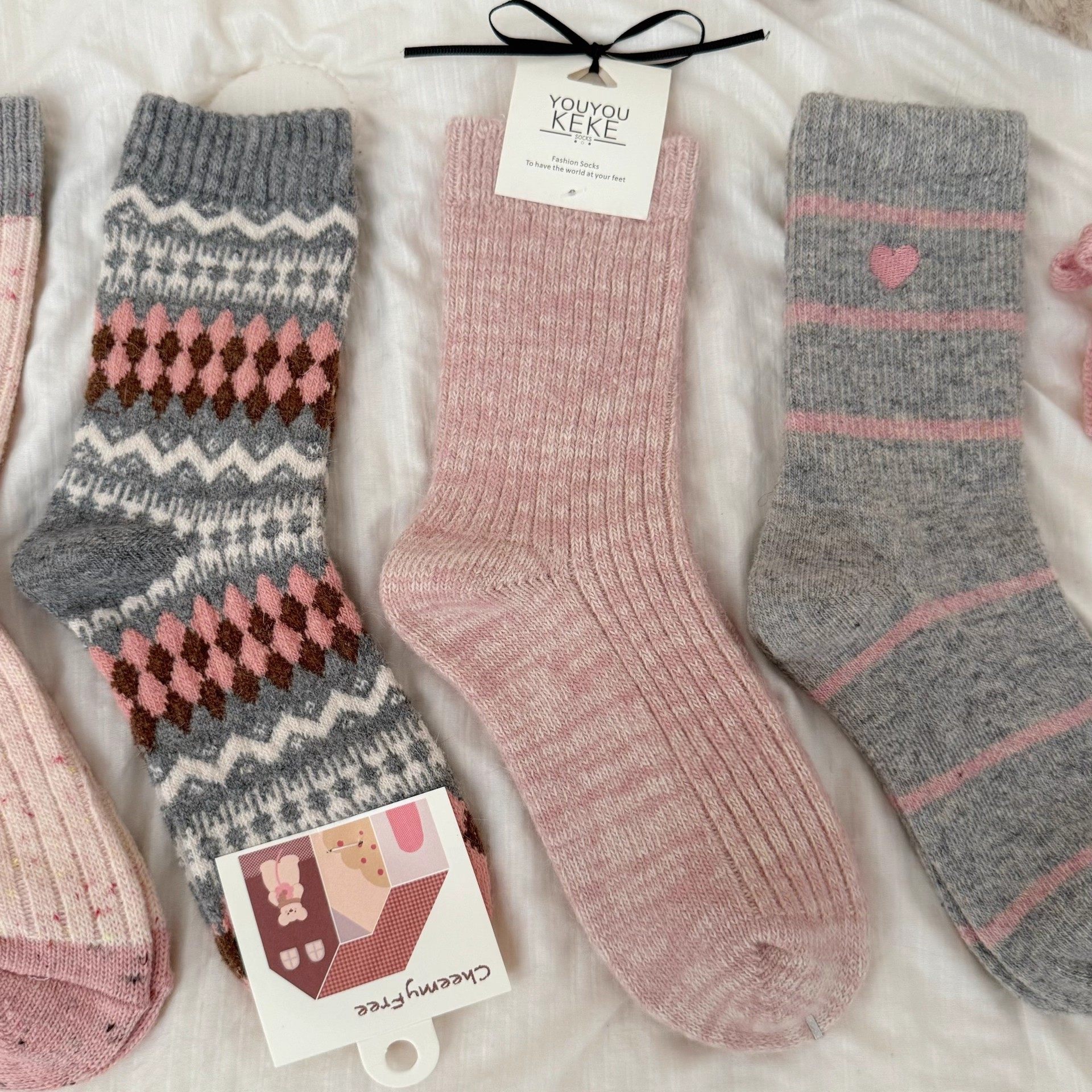 粉色系列暖秋袜子女中筒袜森系氛围感少女jk蝴蝶结百搭校园堆堆袜,淘宝优惠券,粉丝福利购,淘宝优惠卷