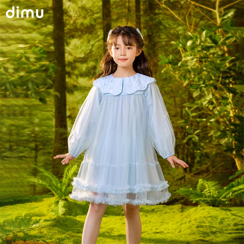 笛牧女童连衣裙2024秋装新款洋气时髦木耳边蓬蓬裙儿童网纱公主裙