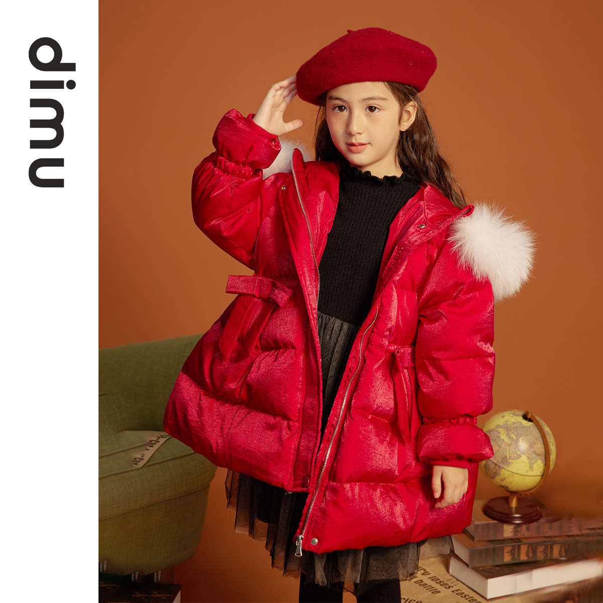 笛牧女童羽绒服2024冬新款洋气红色加厚保暖中长款白鸭绒儿童外套