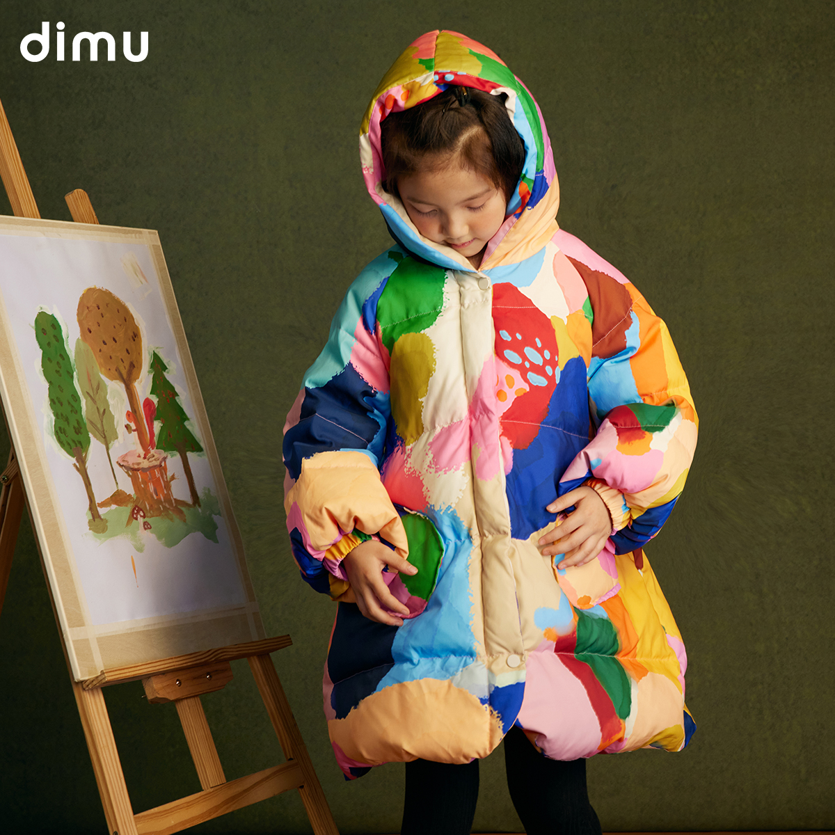 笛牧女童白鸭绒羽绒服2024冬装新款洋气中长款趣味涂鸦儿童外套厚