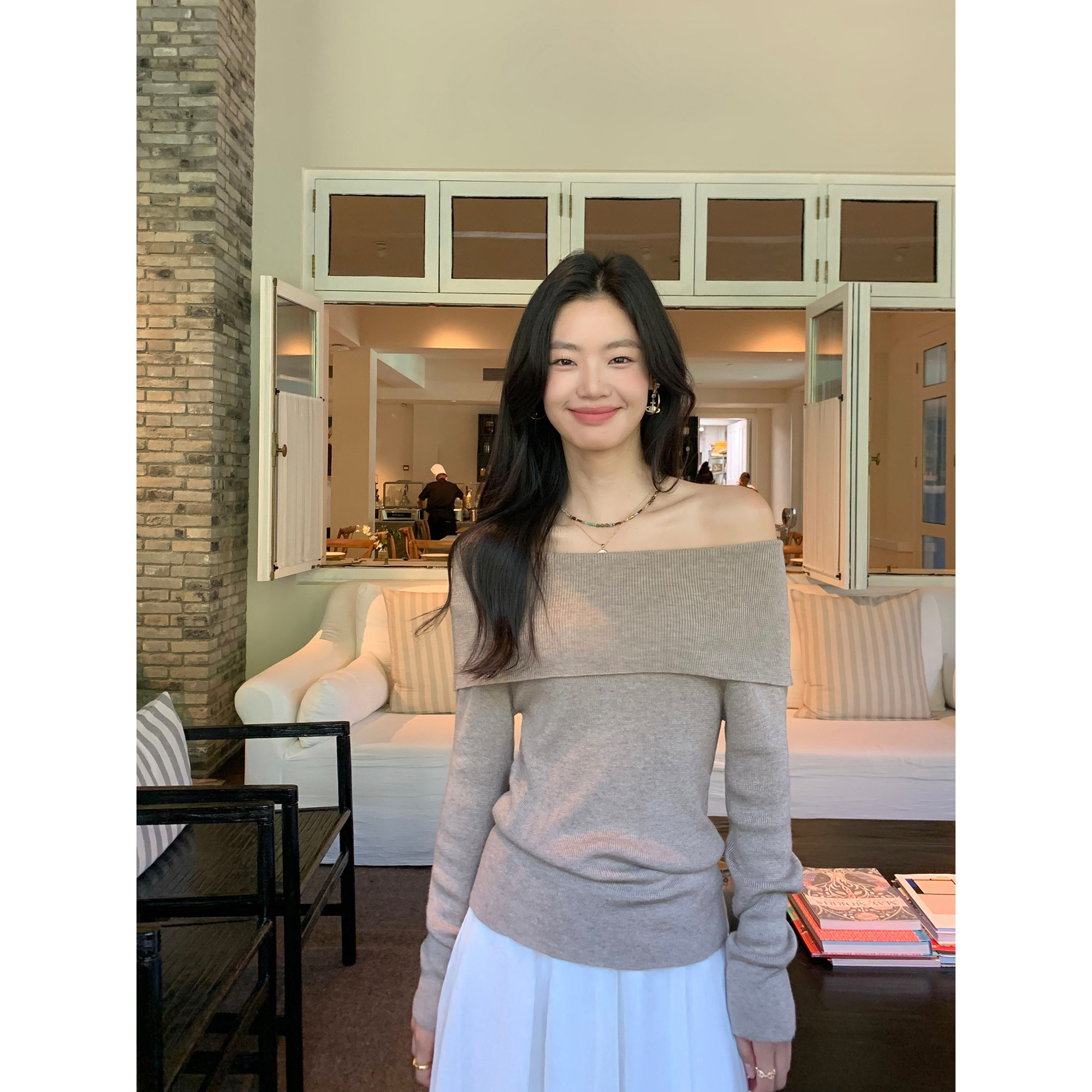 pusumede 都市轻行 黑色一字肩长袖针织衫女外穿气质露肩修身上衣,淘宝优惠券,粉丝福利购,淘宝优惠卷