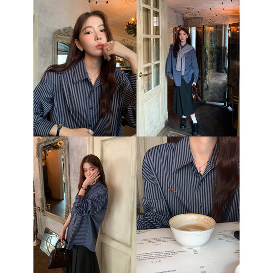 pusumede 米兰往事 蓝色刺绣条纹衬衫女设计感宽松气质长袖上衣