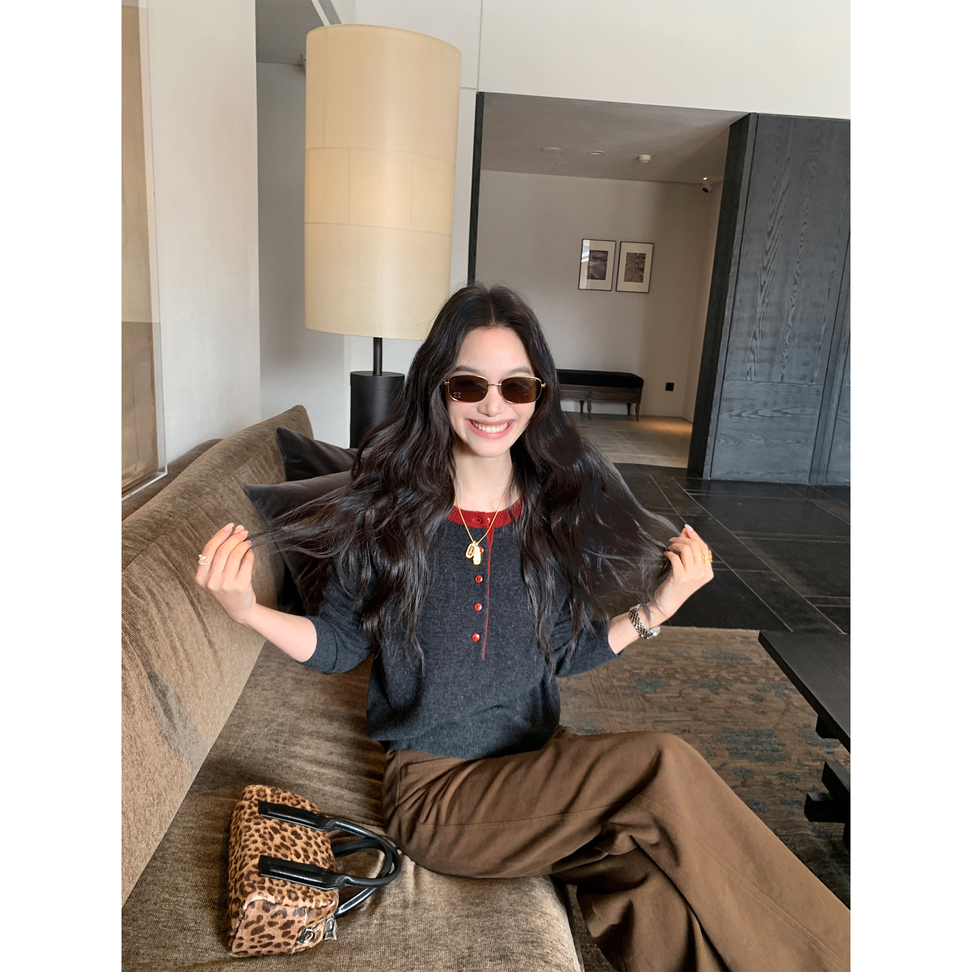 pusumede 休闲周末 深咖色全棉直筒休闲裤女复古宽松阔腿拖地长裤,淘宝优惠券,粉丝福利购,淘宝优惠卷