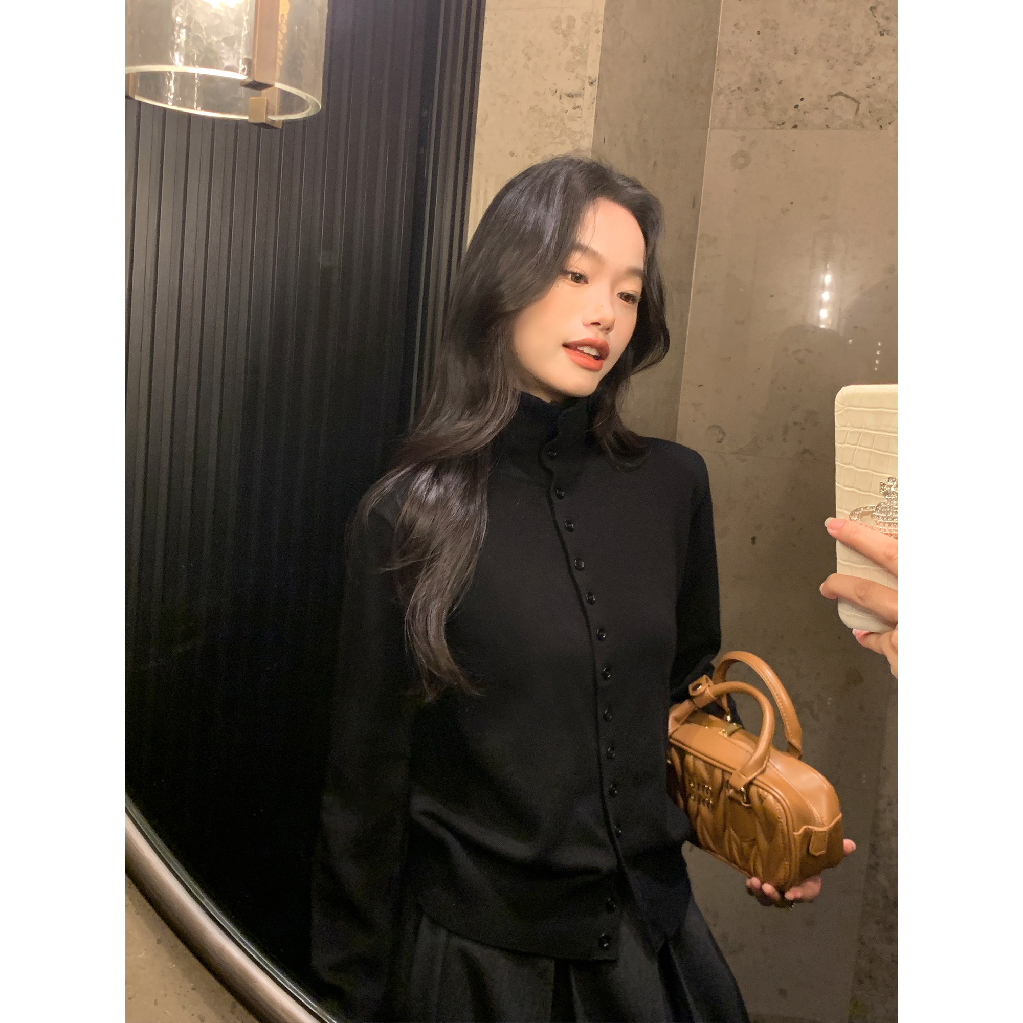 pusumede 高智定格 黑色单排扣毛衣开衫女休闲高领内搭针织上衣,淘宝优惠券,粉丝福利购,淘宝优惠卷