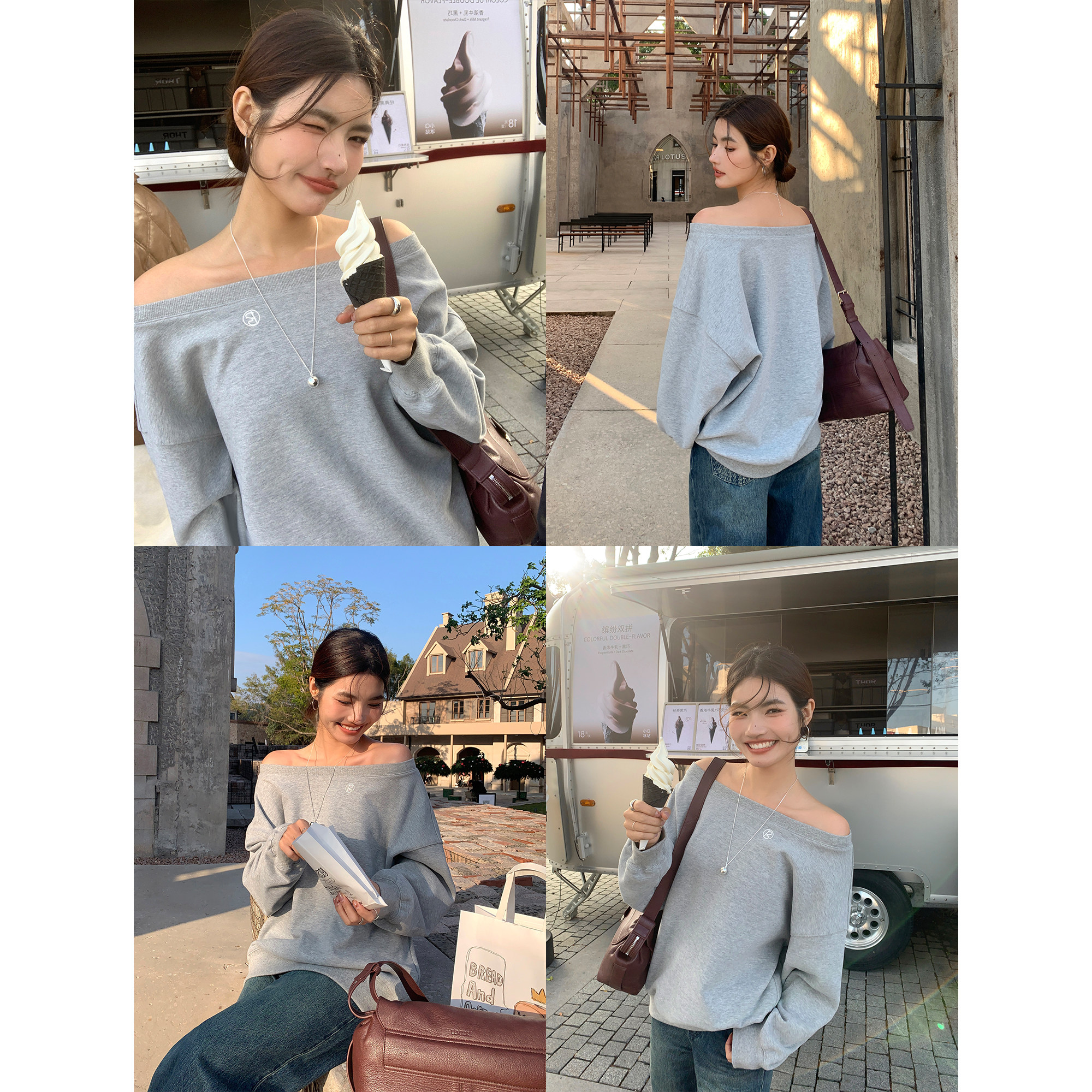 pusumede【现货5折】斜肩刺绣卫衣女一字肩宽松慵懒套头长袖上衣,淘宝优惠券,粉丝福利购,淘宝优惠卷