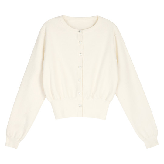 pusumede 慵懒漫步 圆领长袖针织开衫女设计感外套收腰短款上衣