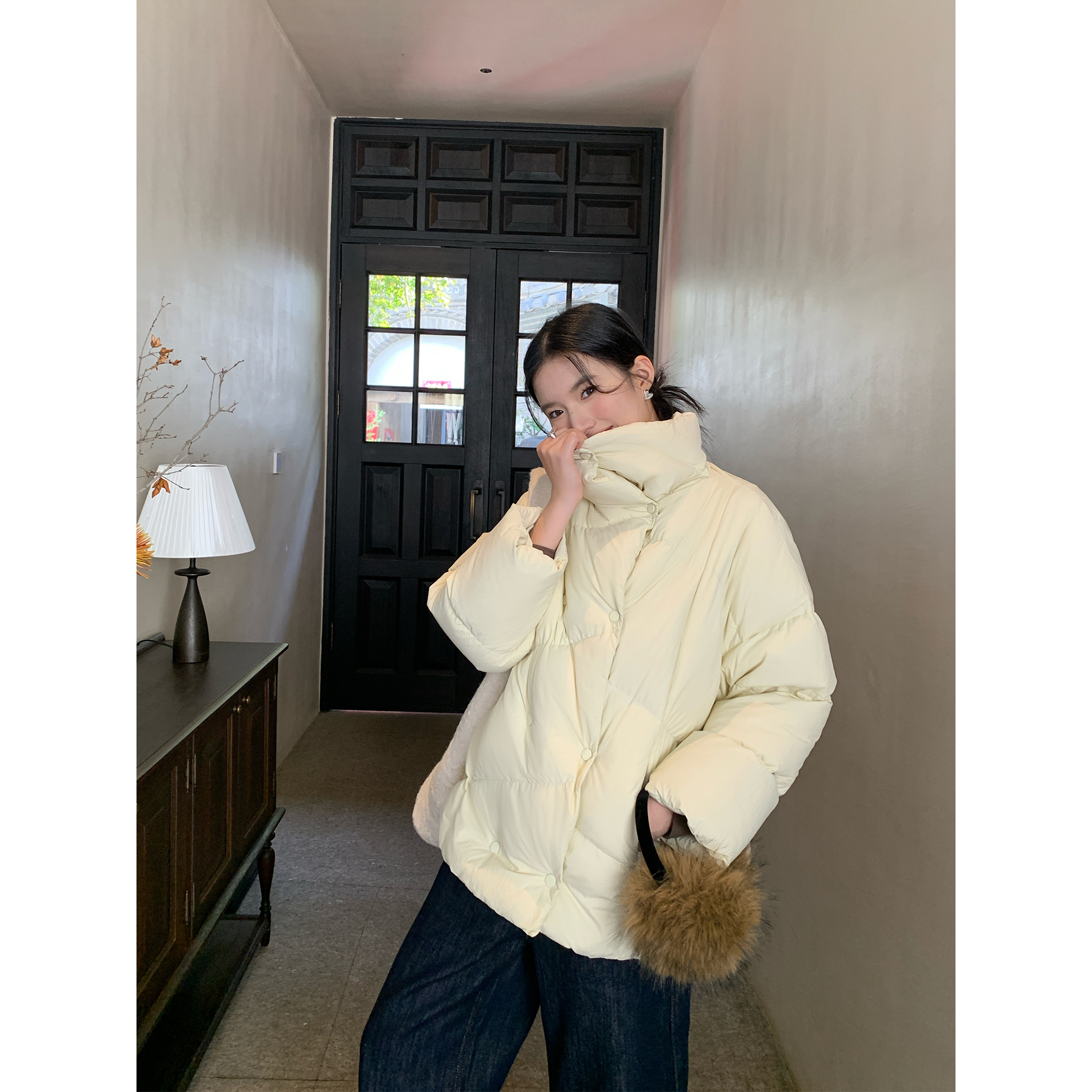 pusumede翻领羽绒服女冬季90白鸭绒保暖面包服宽松百搭廓形外套 - 图1