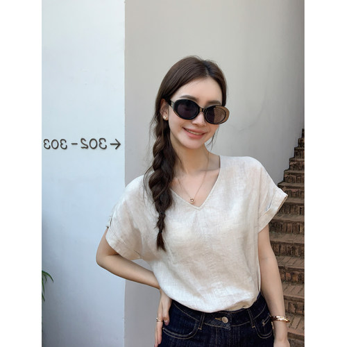 pusumede 轻薄纸感 1OO亚麻折边袖衬衫女极简v领小衫宽松短袖上衣 - 图3