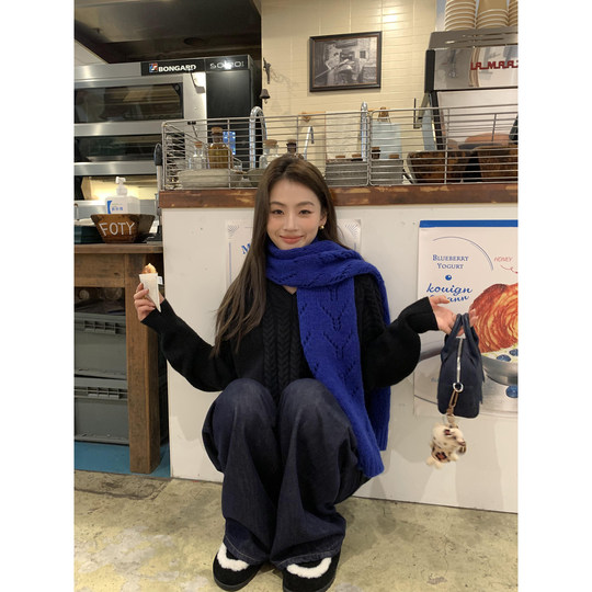 pusumede奶油泡沫 麻花v领毛衣女秋冬设计感宽松慵懒气质针织上衣