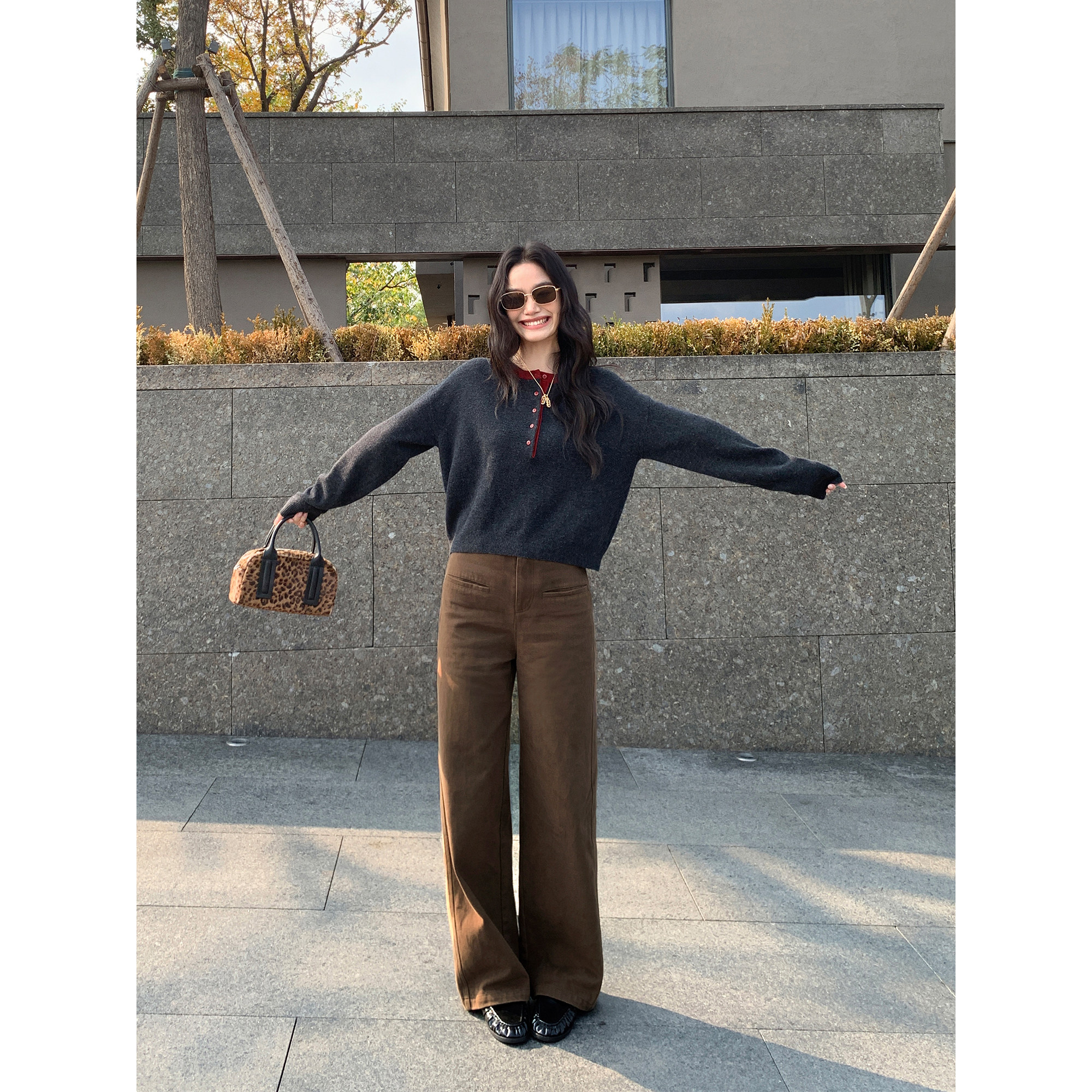 pusumede 休闲周末 深咖色全棉直筒休闲裤女复古宽松阔腿拖地长裤,淘宝优惠券,粉丝福利购,淘宝优惠卷