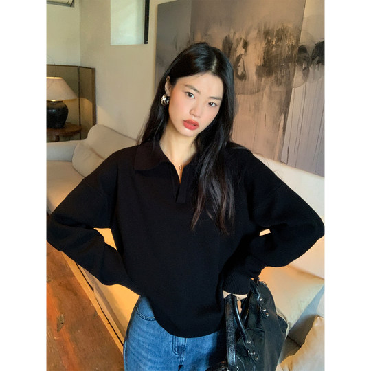 Pusumede miu department senior sister polo collar sweater women casual lazy style loose v-neck pullover knit top