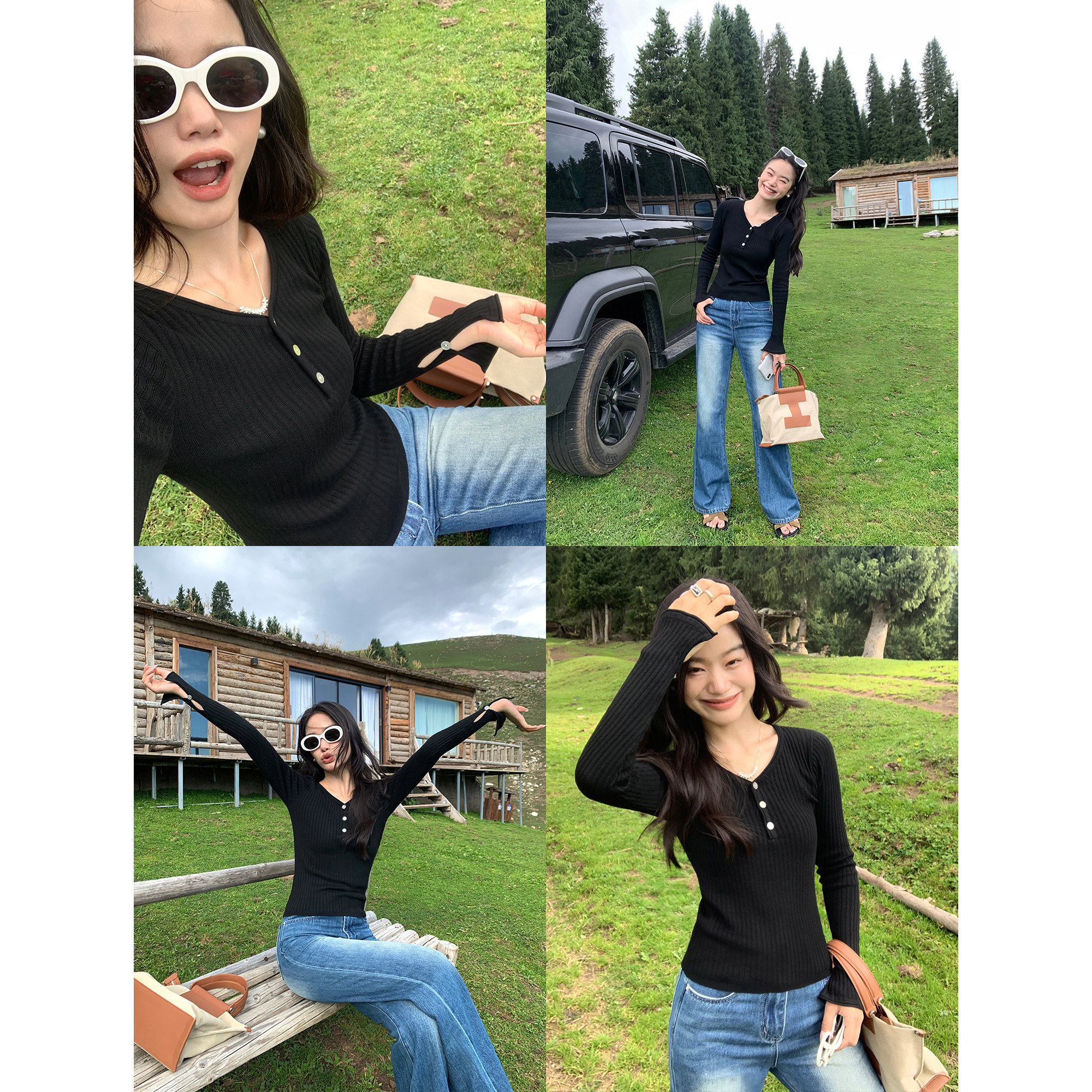 pusumede【现货6折】V领长袖打底针织衫女喇叭袖修身短款上衣,淘宝优惠券,粉丝福利购,淘宝优惠卷