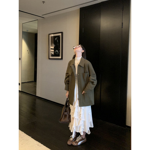 pusumede【现货6折】军绿色工装外套女宽松休闲翻领加厚夹棉夹克 - 图0