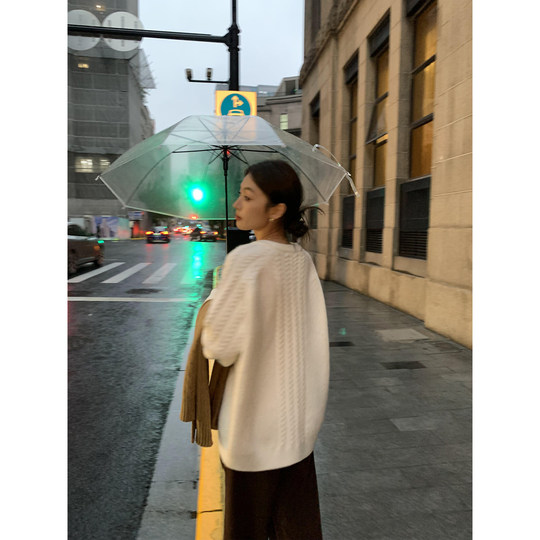 pusumede奶油泡沫 麻花v领毛衣女秋冬设计感宽松慵懒气质针织上衣