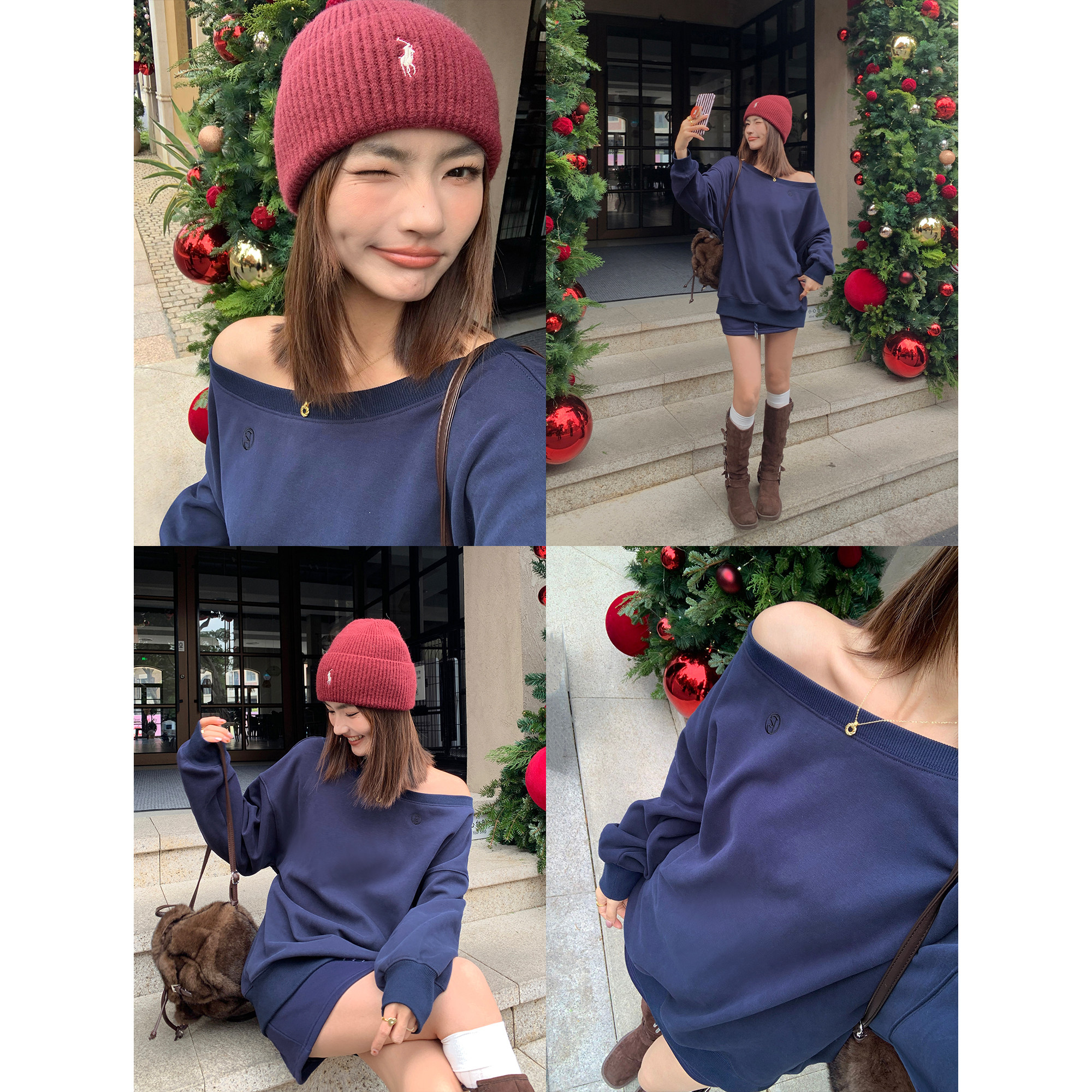 pusumede【现货5折】斜肩刺绣卫衣女一字肩宽松慵懒套头长袖上衣,淘宝优惠券,粉丝福利购,淘宝优惠卷