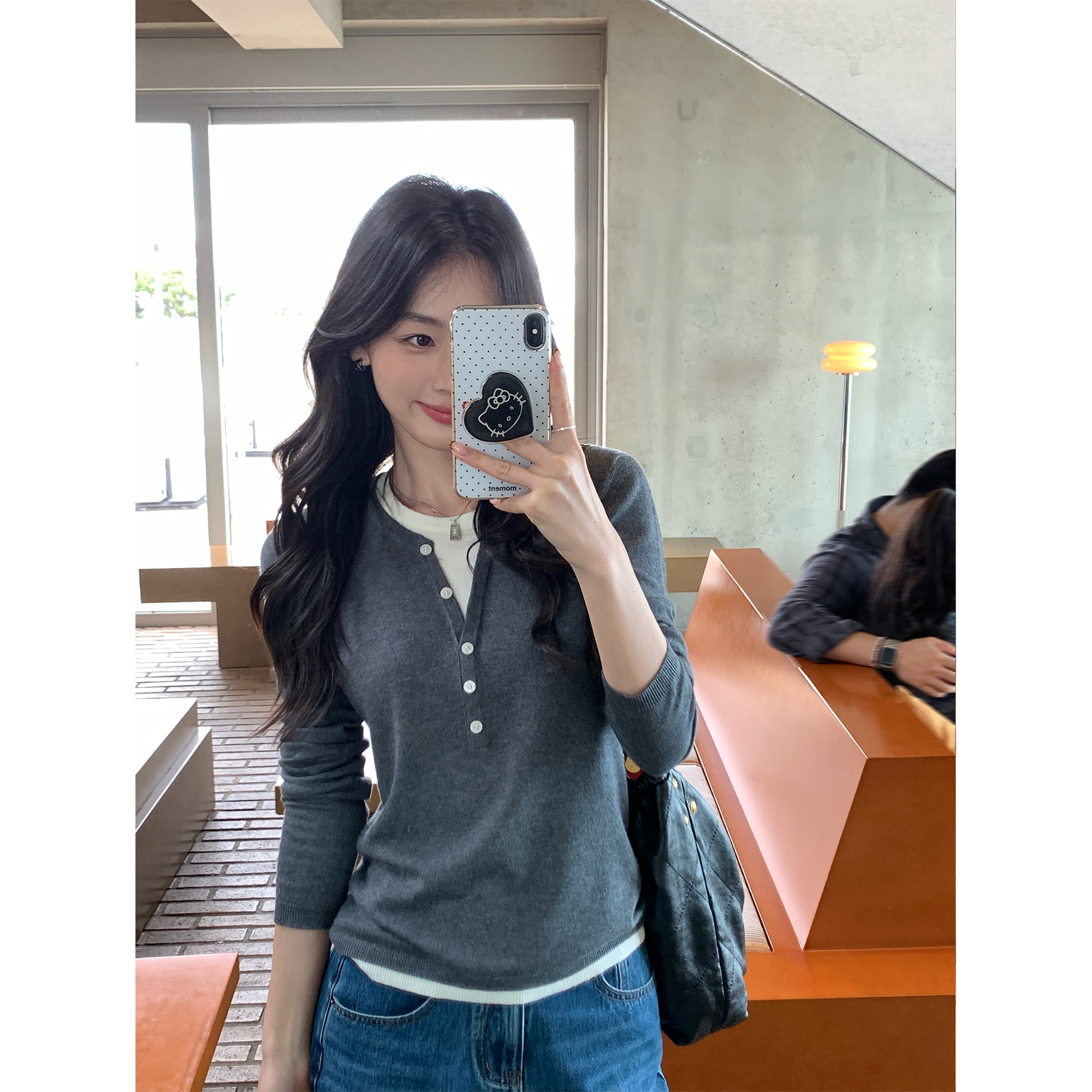 pusumede 简色画轴 设计感假两件针织衫女内搭外穿撞色长袖上衣