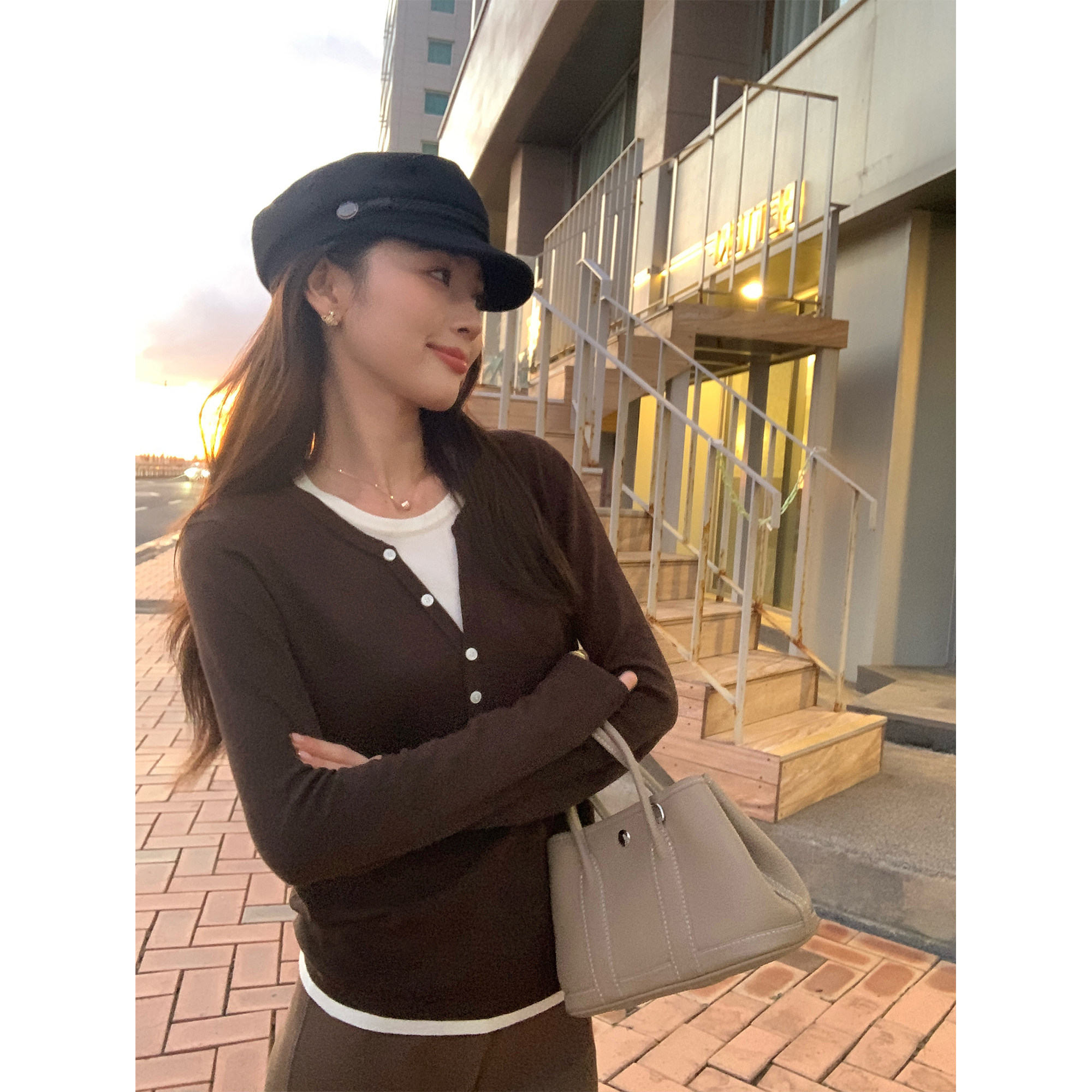 pusumede 简色画轴 设计感假两件针织衫女内搭外穿撞色长袖上衣